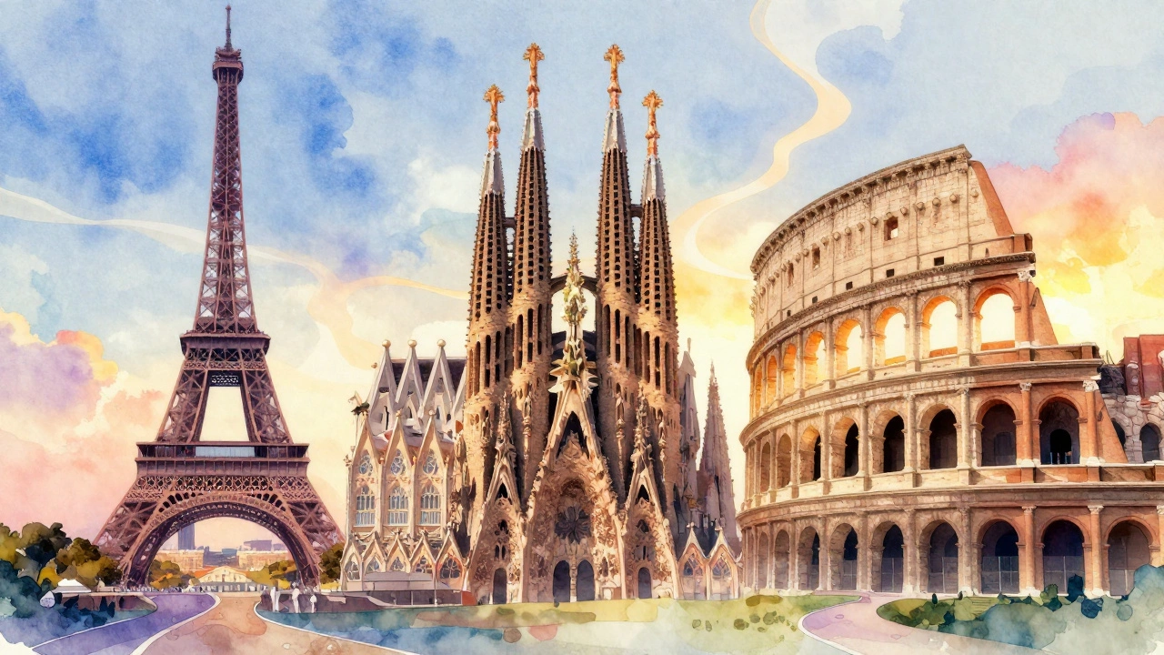 Иллюстрация с Эйфелевой башней, Саграда Фамилия и Колизеем
