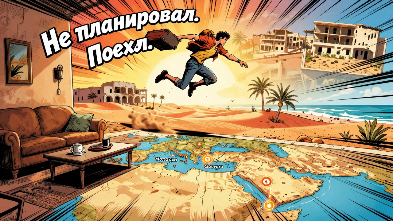 Комикс-сцена: путешественник прыгает из дома в экзотический пляж, вокруг — вспышки карт и отелей с низкими ценами.