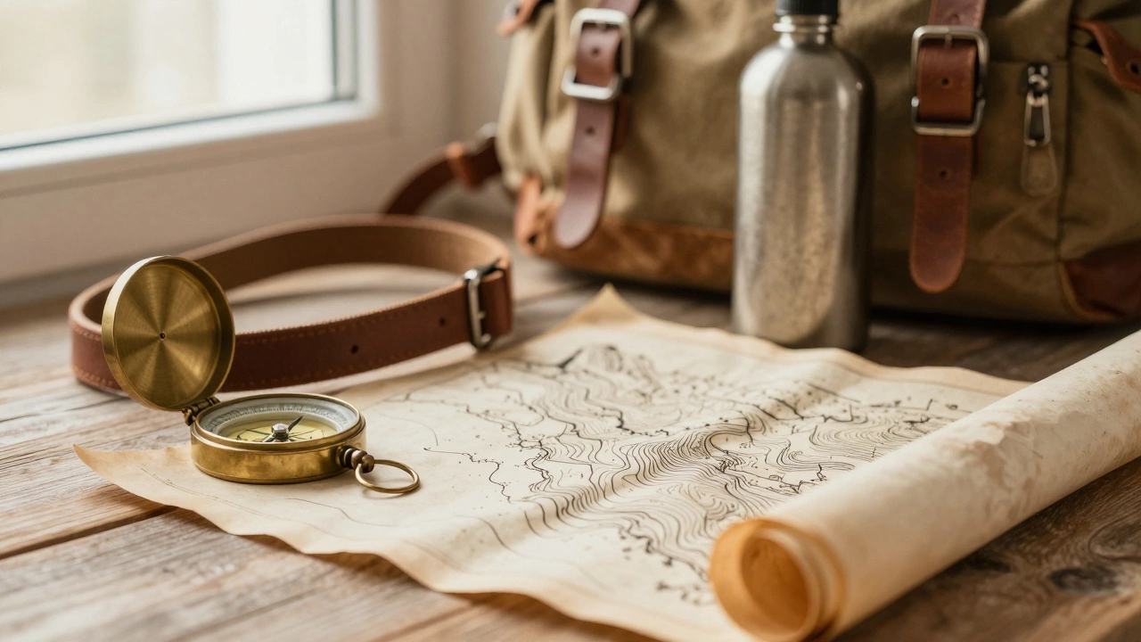 Композиция туристического снаряжения и навигатора на столе