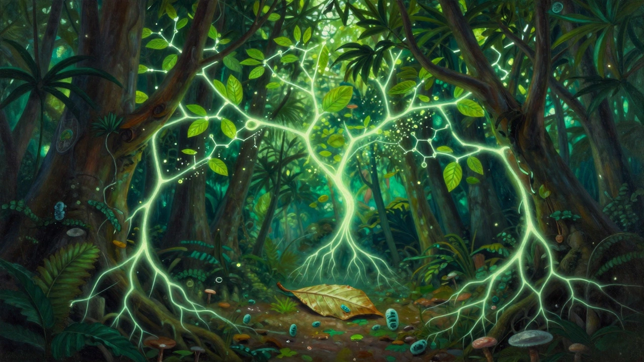 Крона тропического леса как сеть светящихся химических сигналов между деревьями и грибами под землёй.