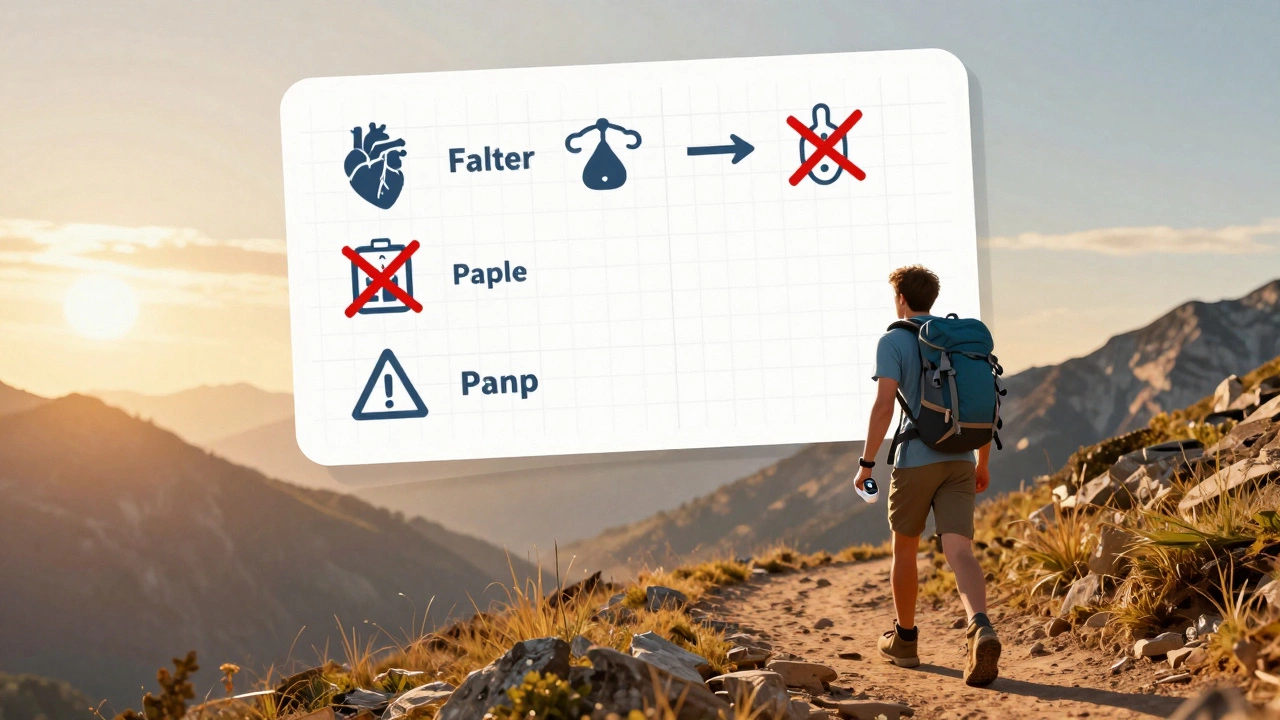 Медицинская диаграмма с запрещающими символами над горной тропой, здоровый турист идет внизу при закате.