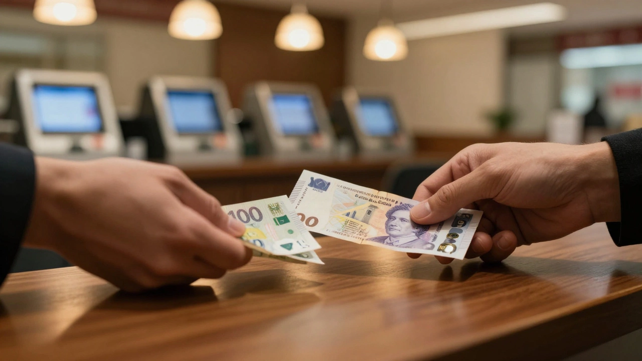 Обмен иностранной валюты на наличные деньги у кассира банка