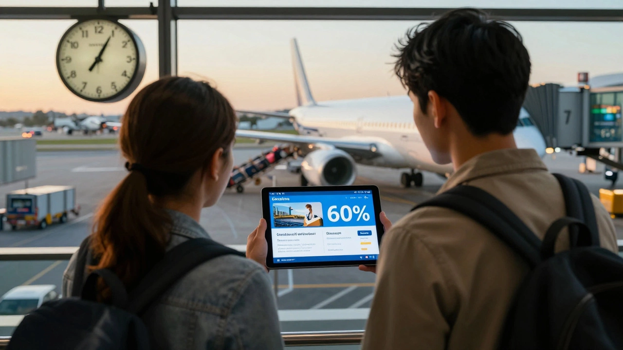 Путешественник в аэропорту смотрит на скидку 60% на полет в Барселону за день до вылета.