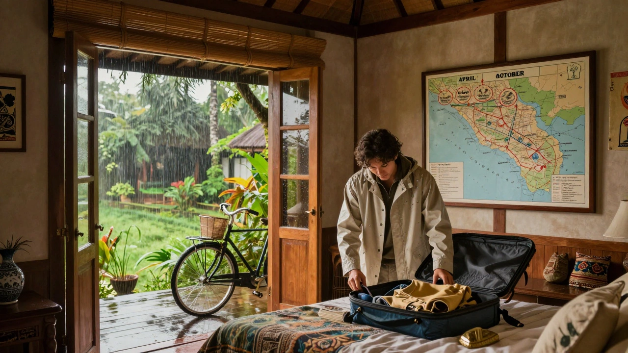 Путешественник в балийской вилле в марте, распаковывает дождевик, за окном — тропический дождь.