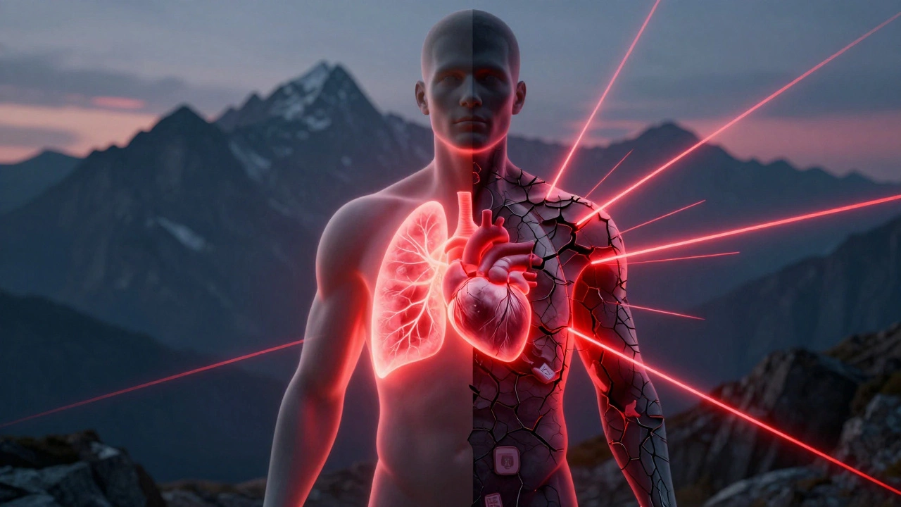 Разделённая человеческая фигура: здоровая сторона светится кислородом, больная — треснута и тёмная, на фоне гор.