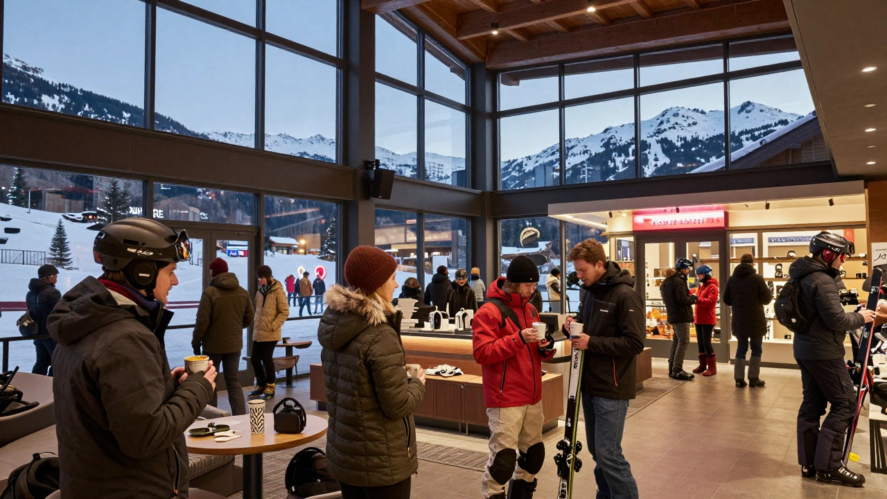 Современный лыжный логово в Уистлере вечером: посетители в дорогой экипировке, светящиеся магазины за стеклом.