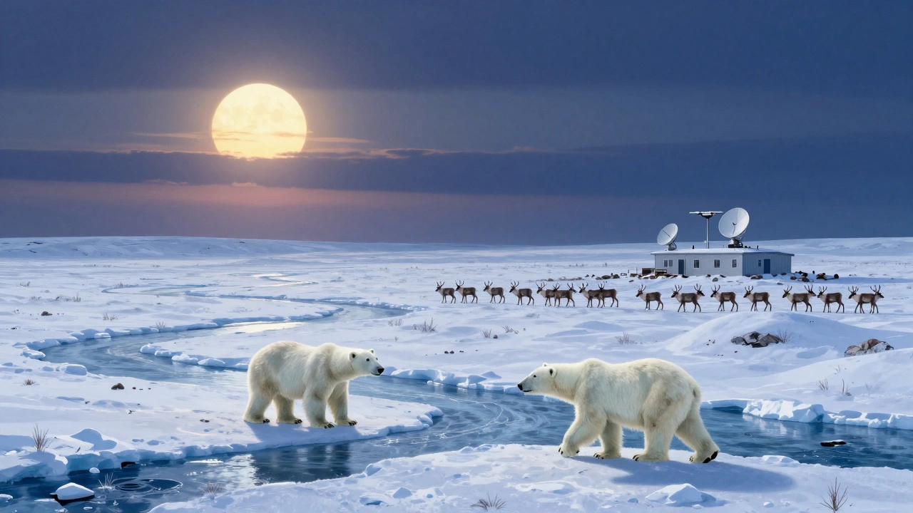 Таймырский заповедник: полярные медведи и северные олени на тундре, научные дроны в небе.