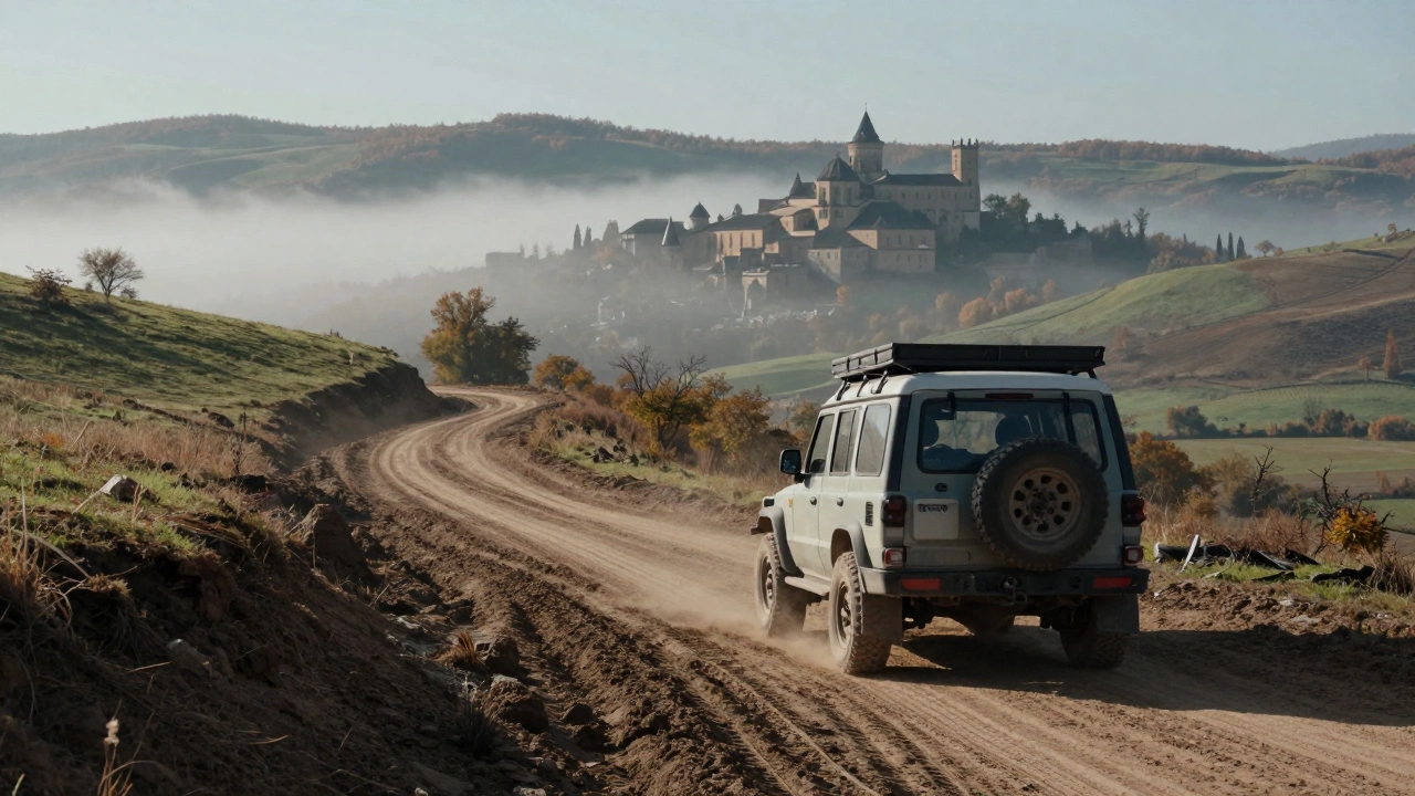 Транспортная колонна на подъеме к историческому объекту