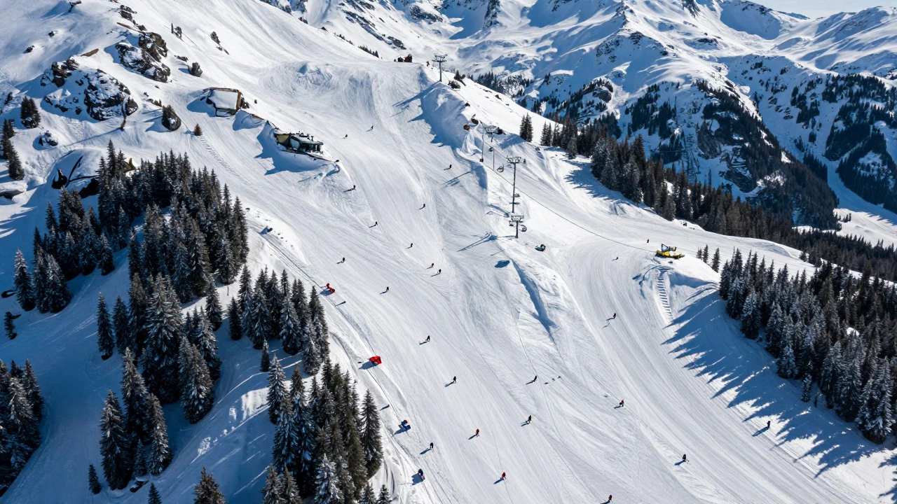 Вид сверху на огромную зону катания Уистлера с подъемниками и сотнями лыжников.