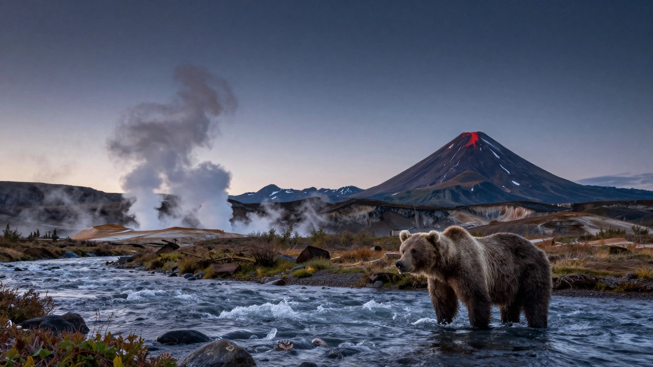 Вулканы и реки с лососем в заповеднике Кроноцкий, медведь ловит рыбу в дикой природе.