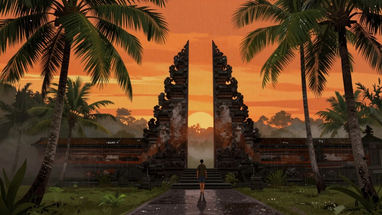 Затерянный в лесу храм Улувату в октябре, одинокий путешественник и дождевая роса на листьях.