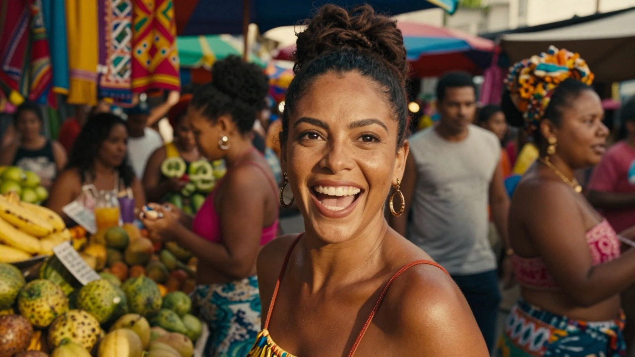 Яркая и энергичная группа людей на колоритном рынке в Бразилии
