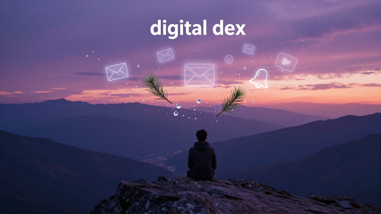 Человек на скале на закате, где цифровые уведомления превращаются в частицы природы