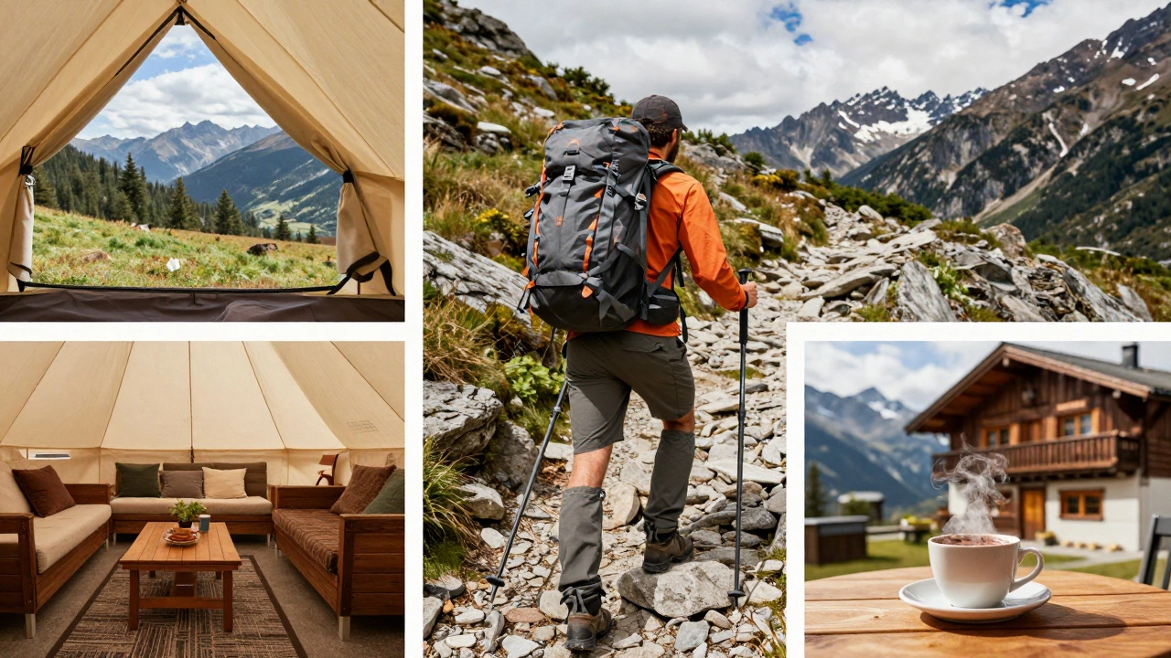Коллаж из уютного глэмпинга, треккера в горах и уютного альпийского шале