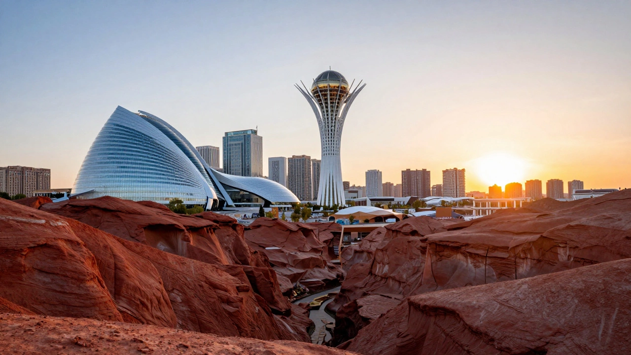 Контраст футуристичной архитектуры Астаны и красных скал Чарынского каньона