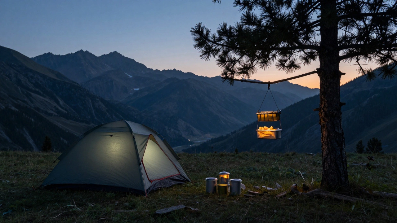 Палатка в горах Алтая и подвешенный контейнер с едой
