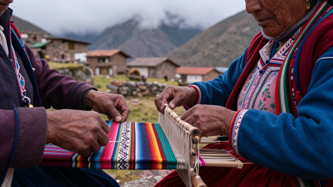 Процесс ткачества традиционного ковра в высокогорной деревне Перу