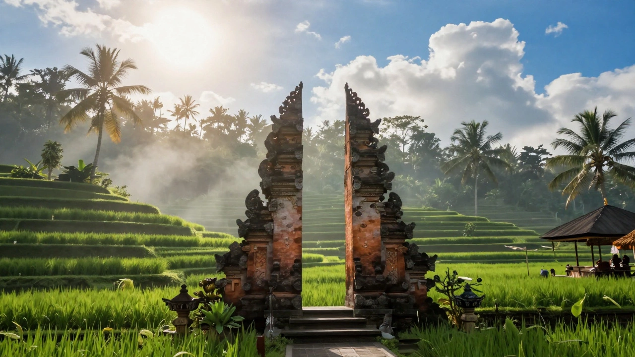 Рисовые террасы и традиционный храм на острове Бали в солнечный день
