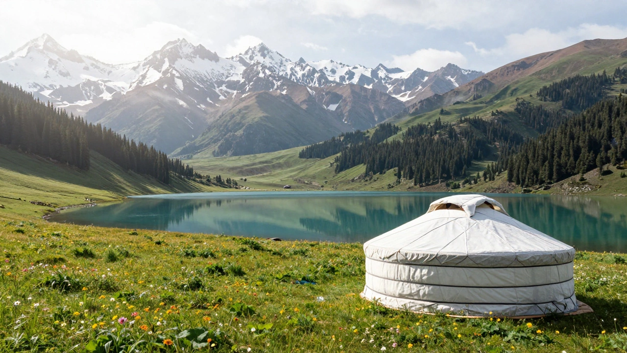 Традиционная юрта на зеленом лугу у высокогорного озера в Киргизии