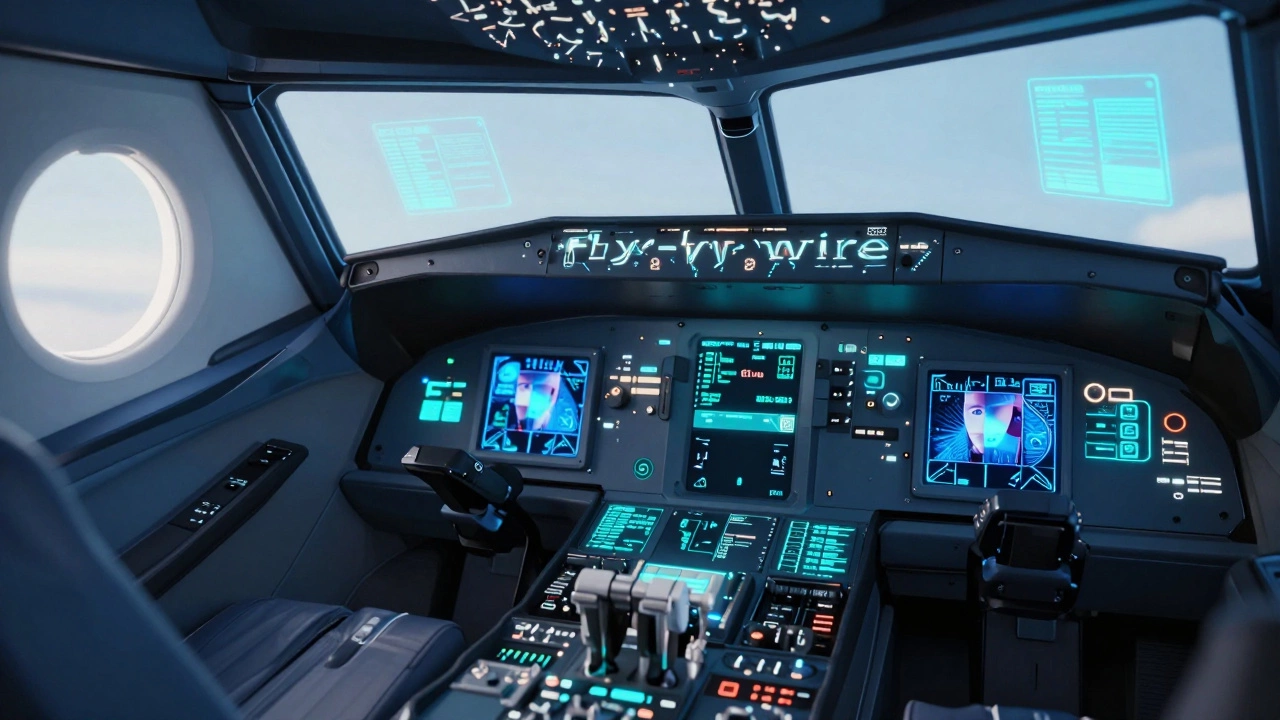 Высокотехнологичная кабина пилота с цифровыми системами управления.