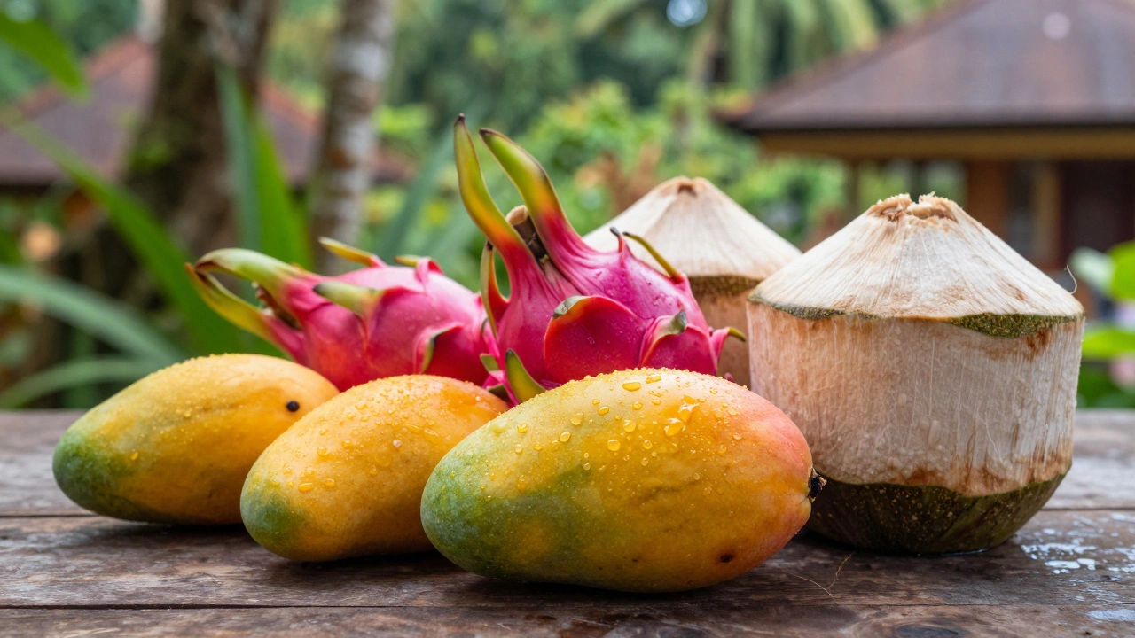Свежие тропические фрукты на деревянном столе с джунглями на фоне
